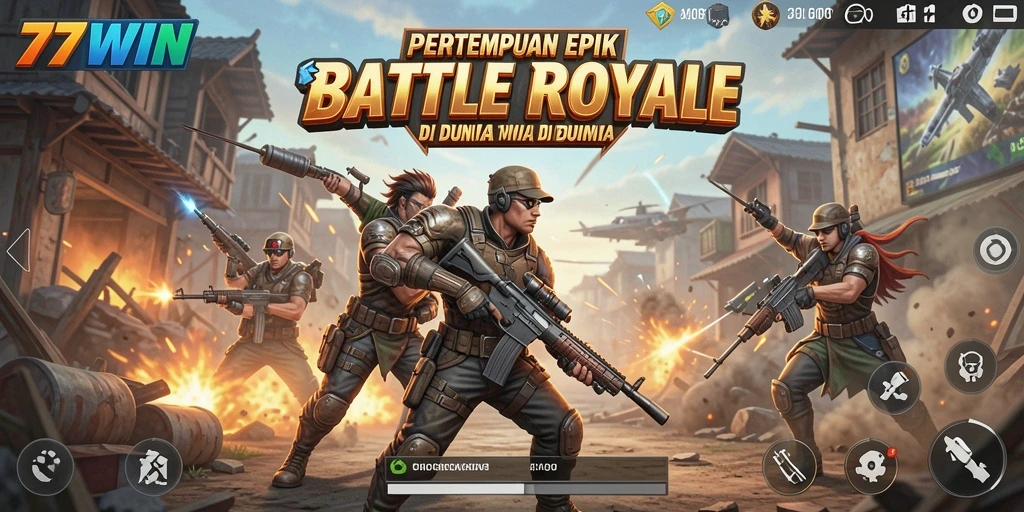 Screenshot gameplay 77WIN menampilkan aksi intens dalam pertempuran Battle Royale.