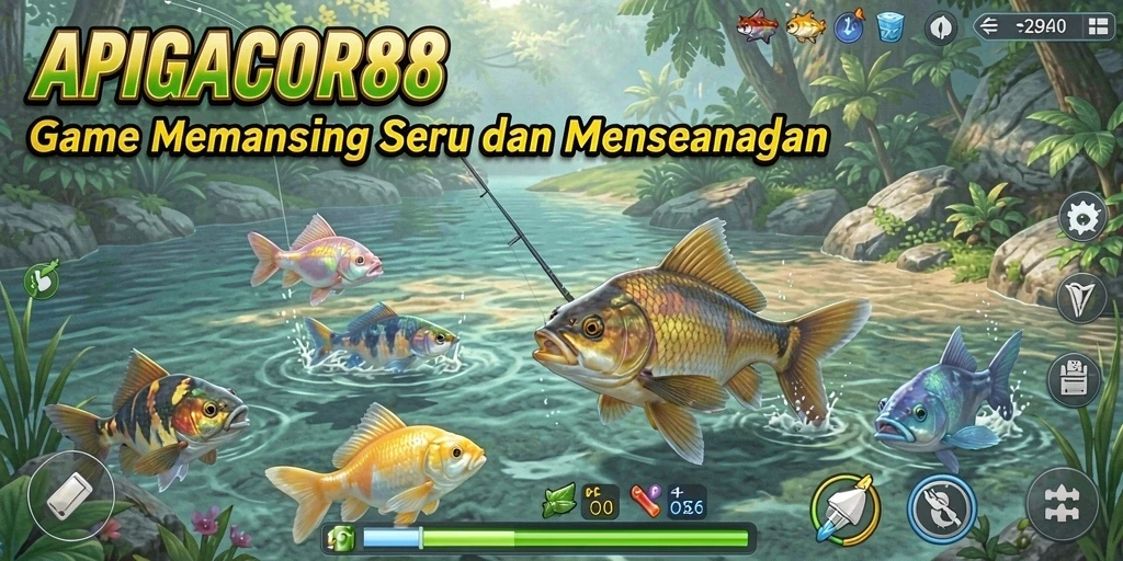 Tampilan gameplay APIGACOR88 saat memancing ikan dengan berbagai jenis umpan.