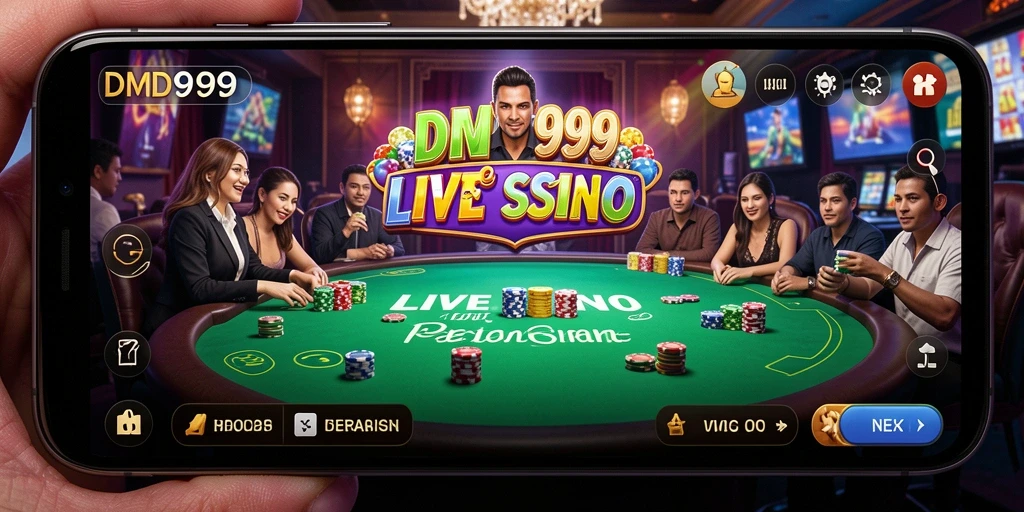 Screenshot DMD999 menampilkan dealer langsung dan gameplay seru di Live Casino.