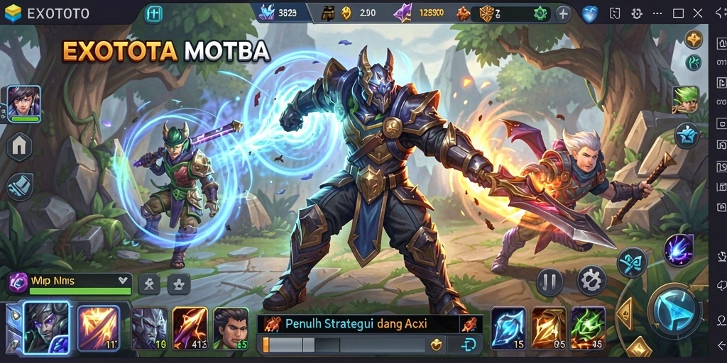 Tangkapan layar dari gameplay EXOTOTO yang menampilkan pertempuran seru MOBA.