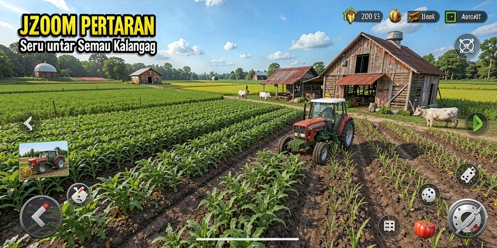 Tampilan gameplay J200M yang seru dan mendetail dalam bertani.