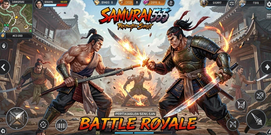 Tangkapan layar utama SAMURAI555 menampilkan aksi mendebarkan dalam Battle Royale.